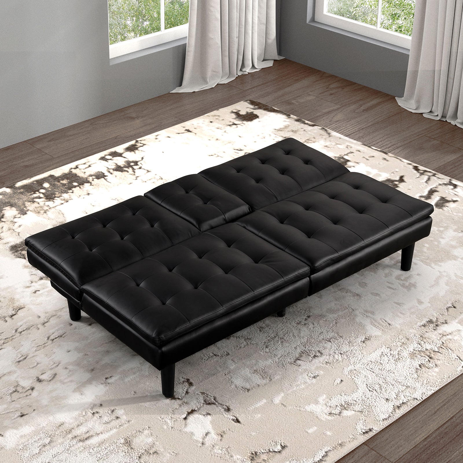 Contemporary Style Futon Sofa Bed Black Finish Built In USB Chargers Biscuit Tufting Seat And Back Back Seat Drop Down Table With Cup Holder Easily Convert To Bed