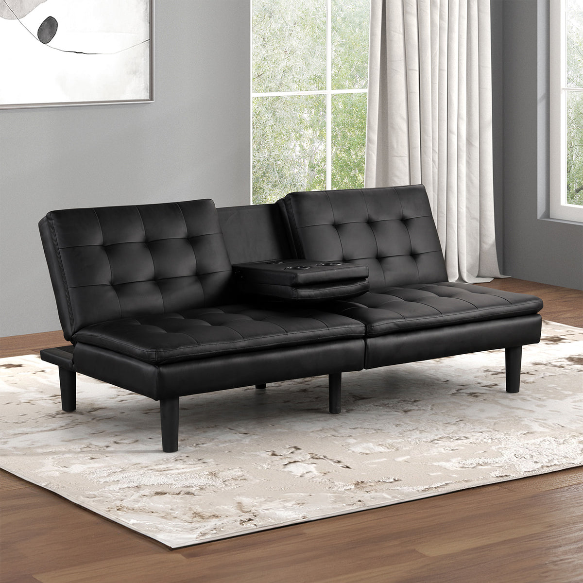 Contemporary Style Futon Sofa Bed Black Finish Built In USB Chargers Biscuit Tufting Seat And Back Back Seat Drop Down Table With Cup Holder Easily Convert To Bed