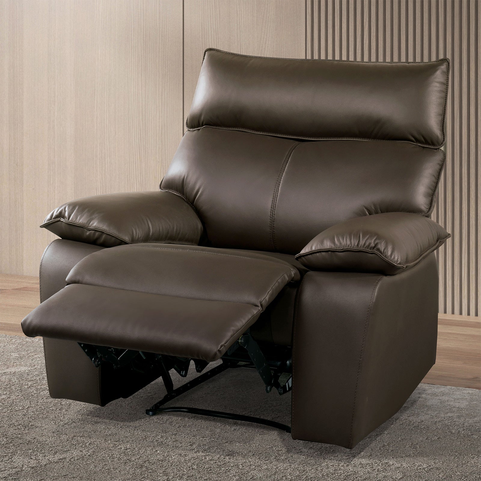 Manual Recliner Chair Arms Pillow Top Flange Trim Brown Finish High Density Foam Contemporary Style
