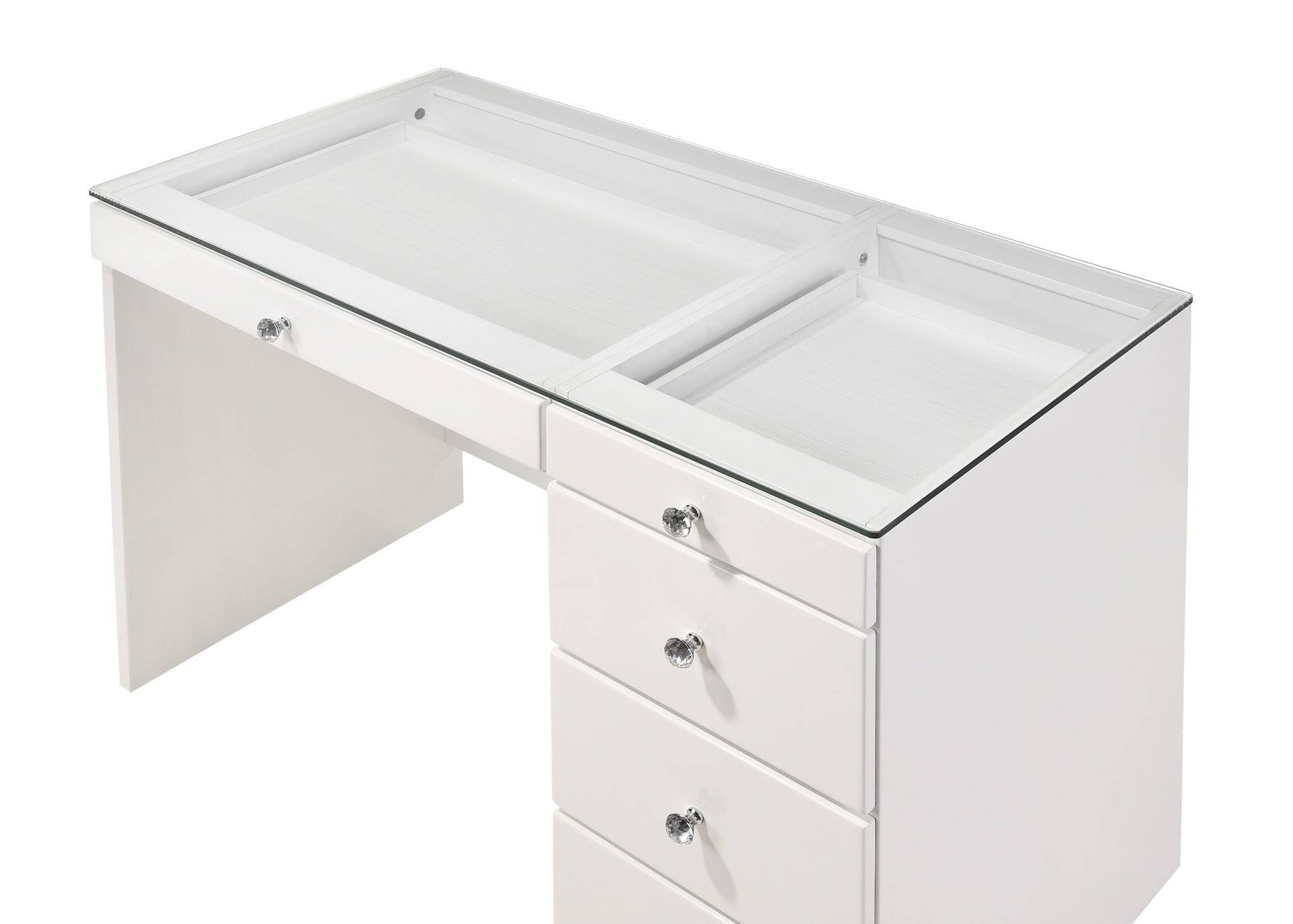 1pc Glam Makeup Vanity Table Glass Top 5 Drawers Crystal Knobs White Wooden Bedroom Furniture White