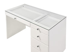 1pc Glam Makeup Vanity Table Glass Top 5 Drawers Crystal Knobs White Wooden Bedroom Furniture White