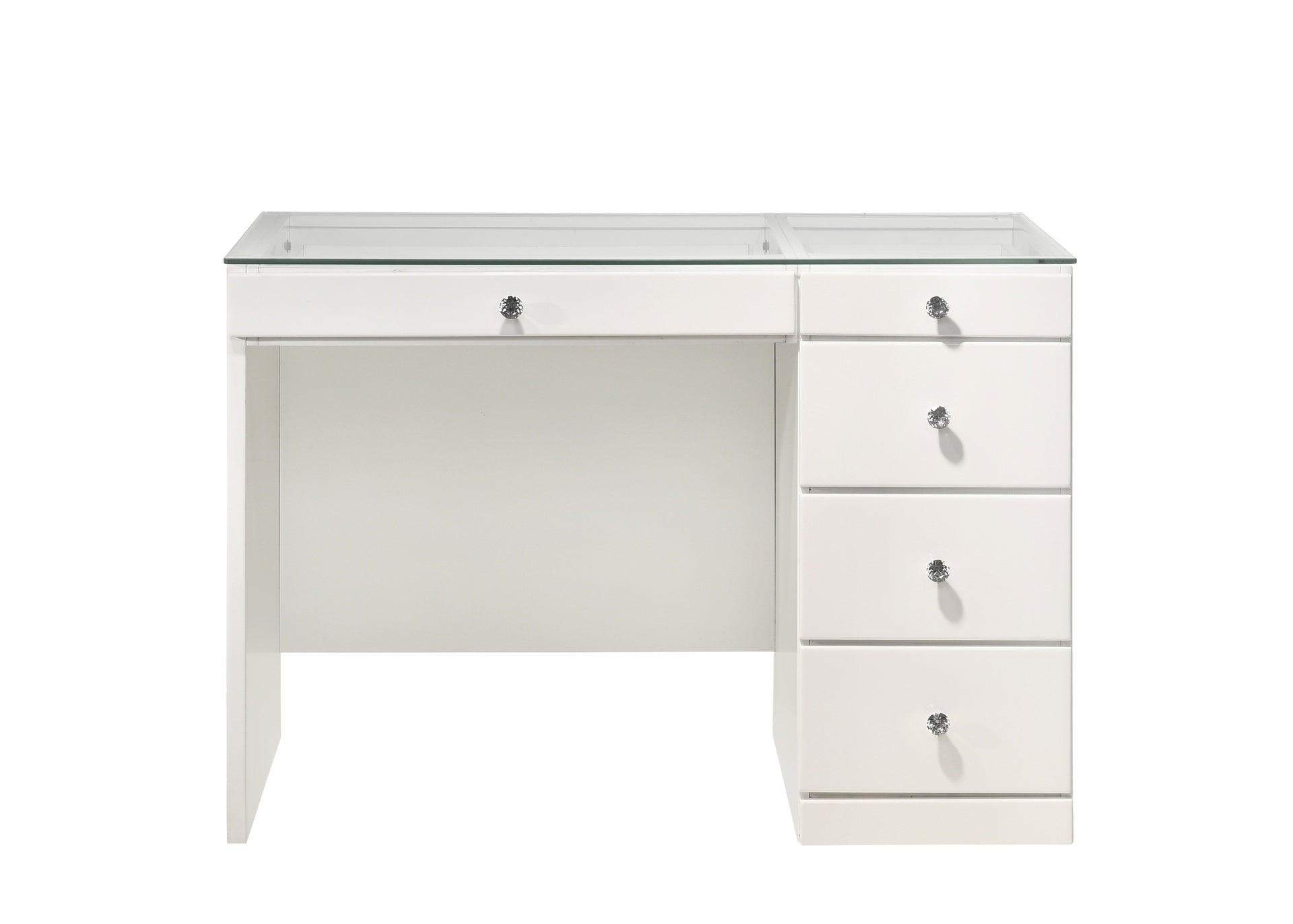 1pc Glam Makeup Vanity Table Glass Top 5 Drawers Crystal Knobs White Wooden Bedroom Furniture White