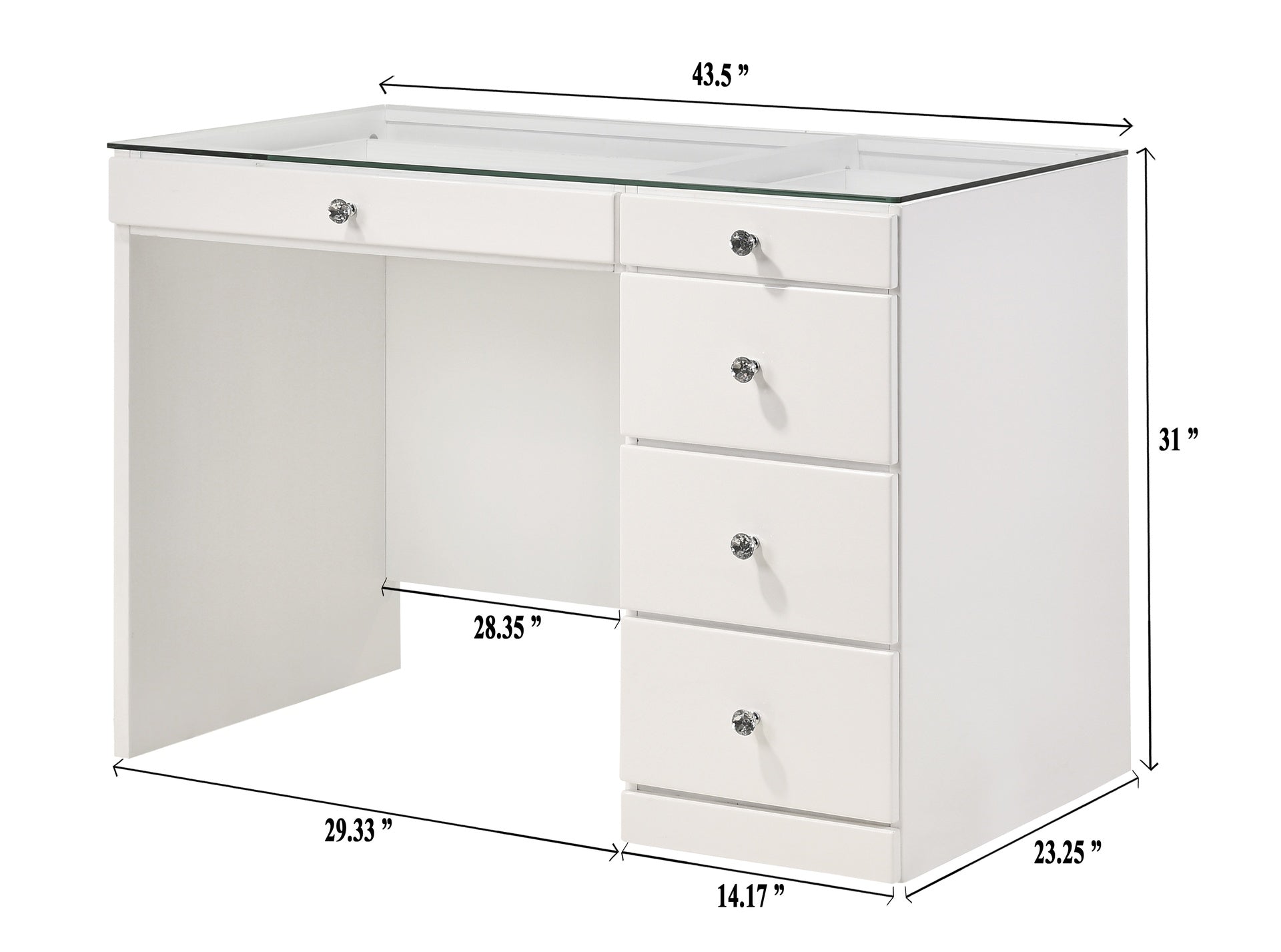 1pc Glam Makeup Vanity Table Glass Top 5 Drawers Crystal Knobs White Wooden Bedroom Furniture White