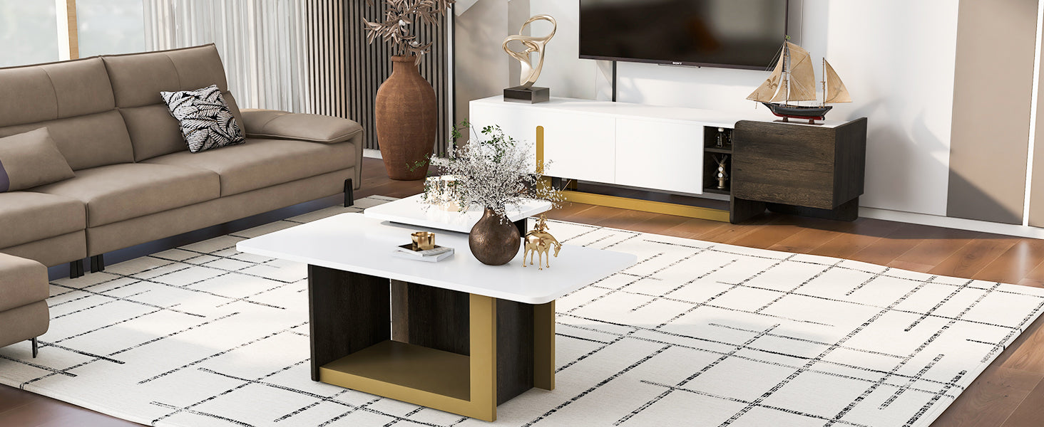 VIBE HAUS Modern Light Luxury TV Stand and Coffee Table Set of 2, Modern TV Console,Wood Center Tables with Spacious Top, Storage Cabinet & Open Adjustable Shelves for Living Room