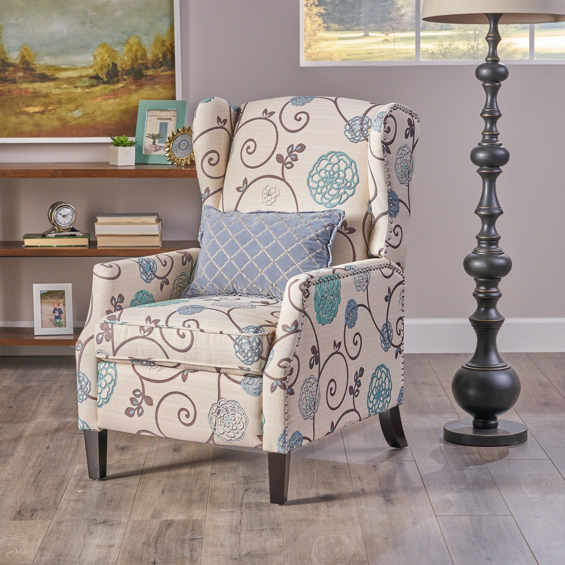 Pushback Recliner Chair, Modern Fabric Wingback Armchair with Nailhead Trim, and Wood Legs, Classic Living Room Recliner for Bedroom