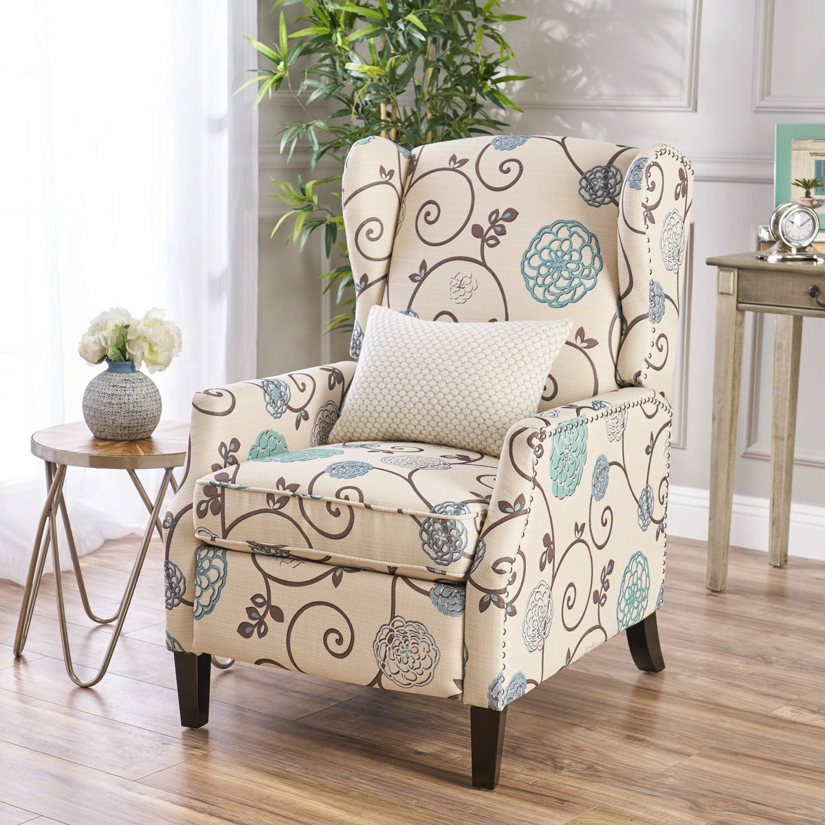 Pushback Recliner Chair, Modern Fabric Wingback Armchair with Nailhead Trim, and Wood Legs, Classic Living Room Recliner for Bedroom