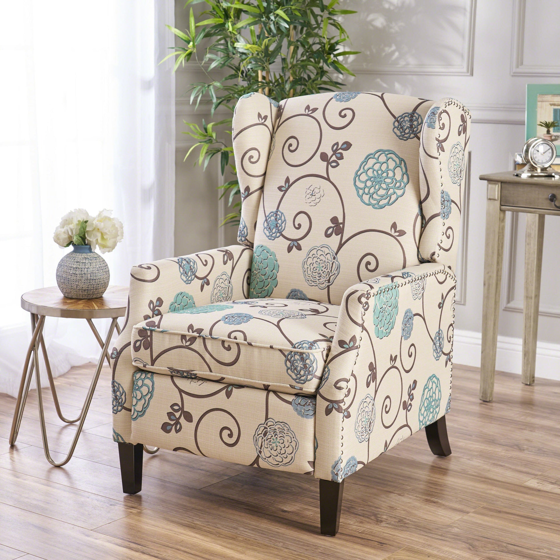 Pushback Recliner Chair, Modern Fabric Wingback Armchair with Nailhead Trim, and Wood Legs, Classic Living Room Recliner for Bedroom