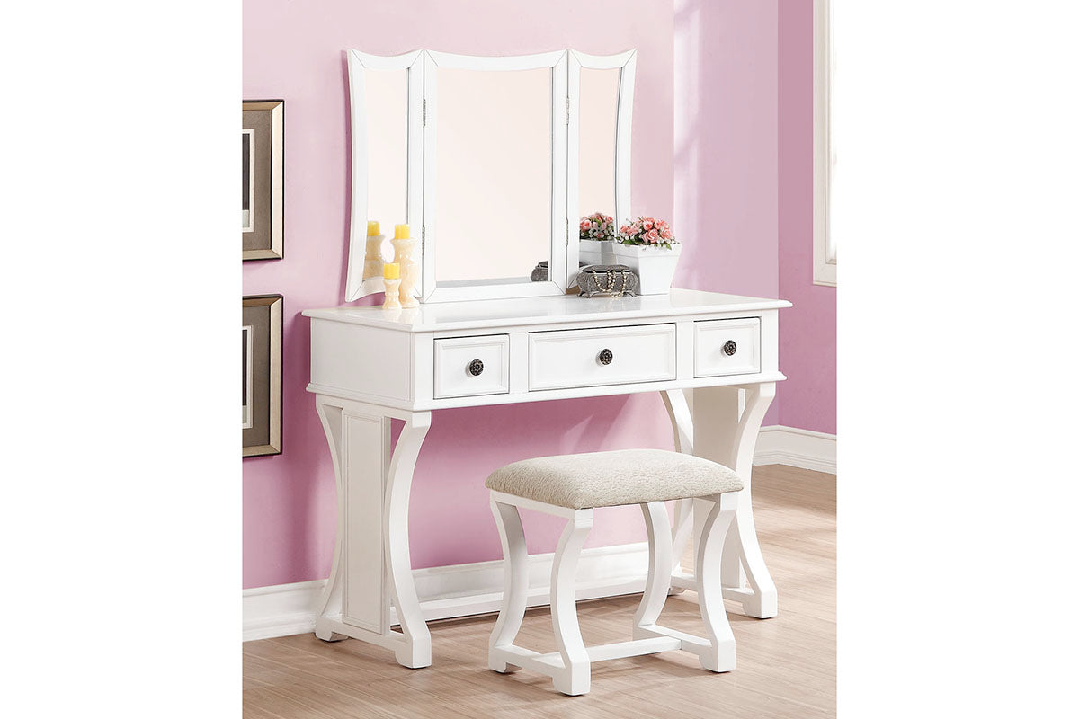 Unique Modern Bedroom Vanity Set w Stool Foldable Mirror Drawers White Color MDF Veneer 1pc Vanity Furniture