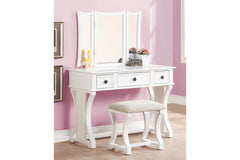 Unique Modern Bedroom Vanity Set w Stool Foldable Mirror Drawers White Color MDF Veneer 1pc Vanity Furniture