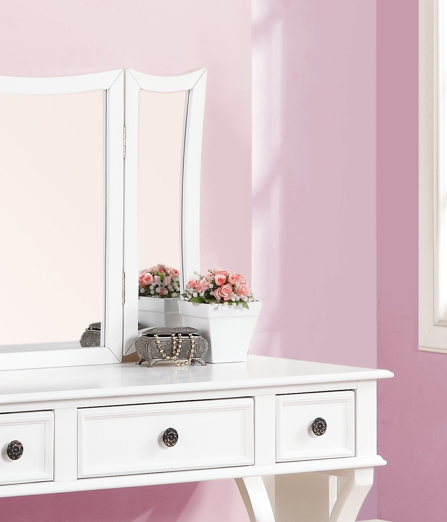 Unique Modern Bedroom Vanity Set w Stool Foldable Mirror Drawers White Color MDF Veneer 1pc Vanity Furniture
