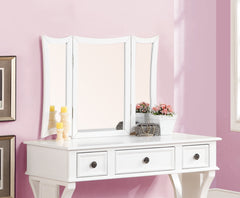 Unique Modern Bedroom Vanity Set w Stool Foldable Mirror Drawers White Color MDF Veneer 1pc Vanity Furniture