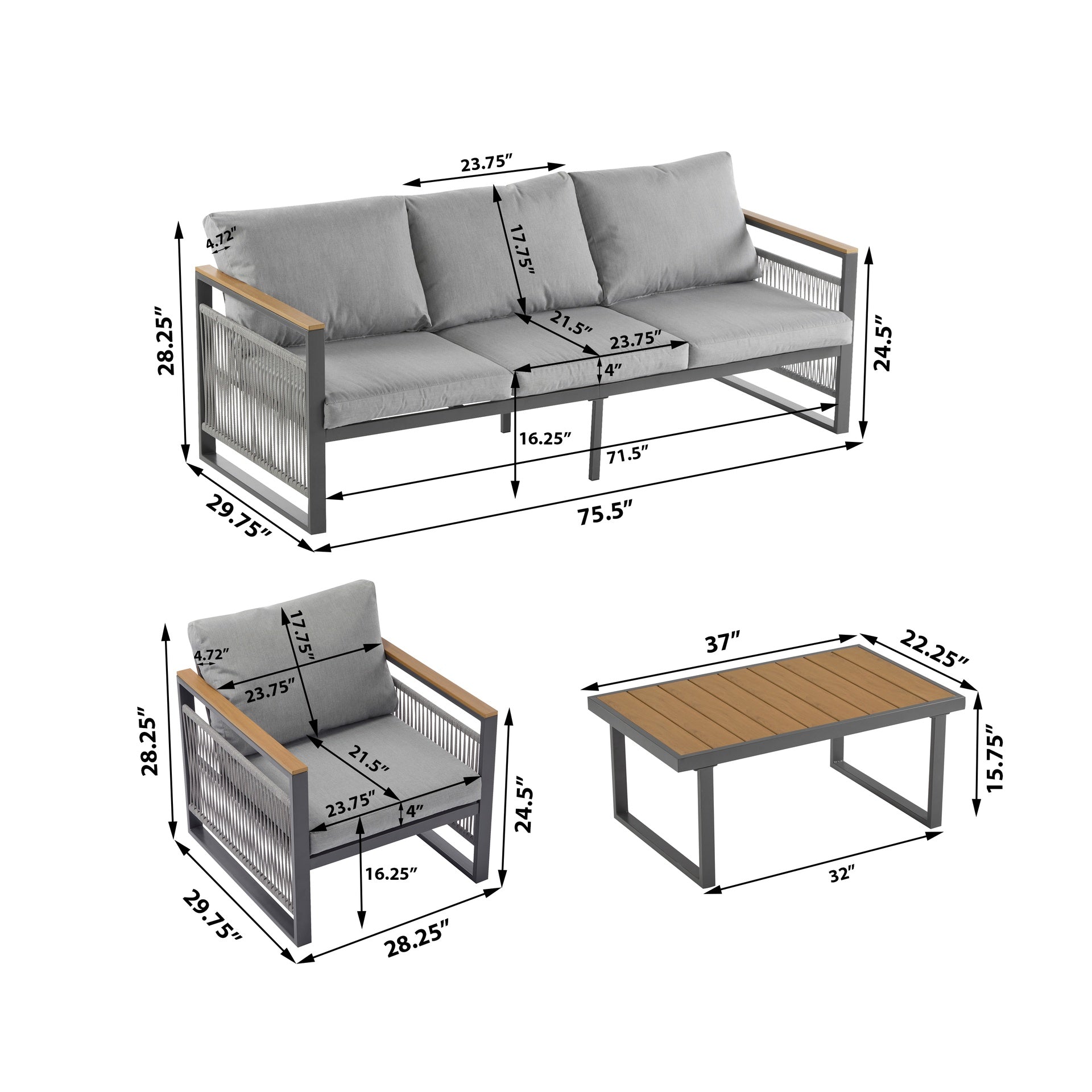 4-Pieces Outdoor Metal Patio Furniture Set, 5-Seat Patio Furniture Sofa Set with Cushion, Modern Outdoor Furniture Deep Seating for Porch, Garden, Backyard, Balcony, Grey & Natural