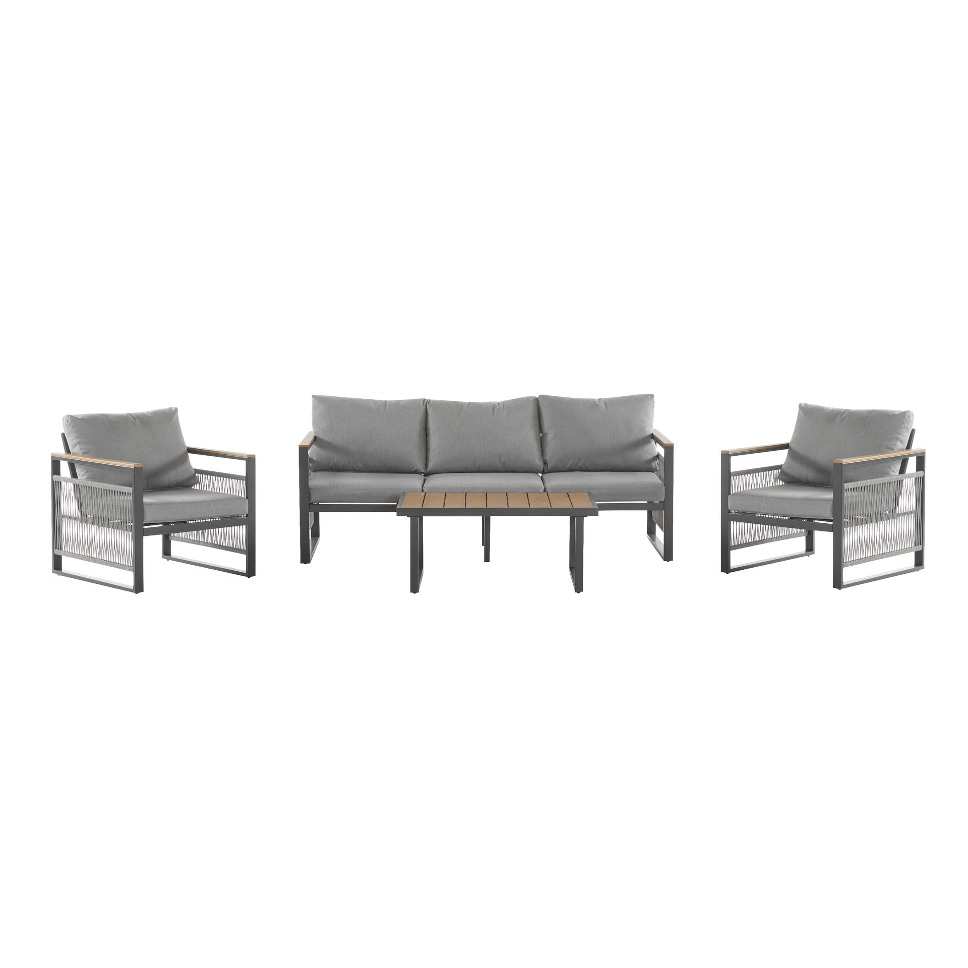 4-Pieces Outdoor Metal Patio Furniture Set, 5-Seat Patio Furniture Sofa Set with Cushion, Modern Outdoor Furniture Deep Seating for Porch, Garden, Backyard, Balcony, Grey & Natural
