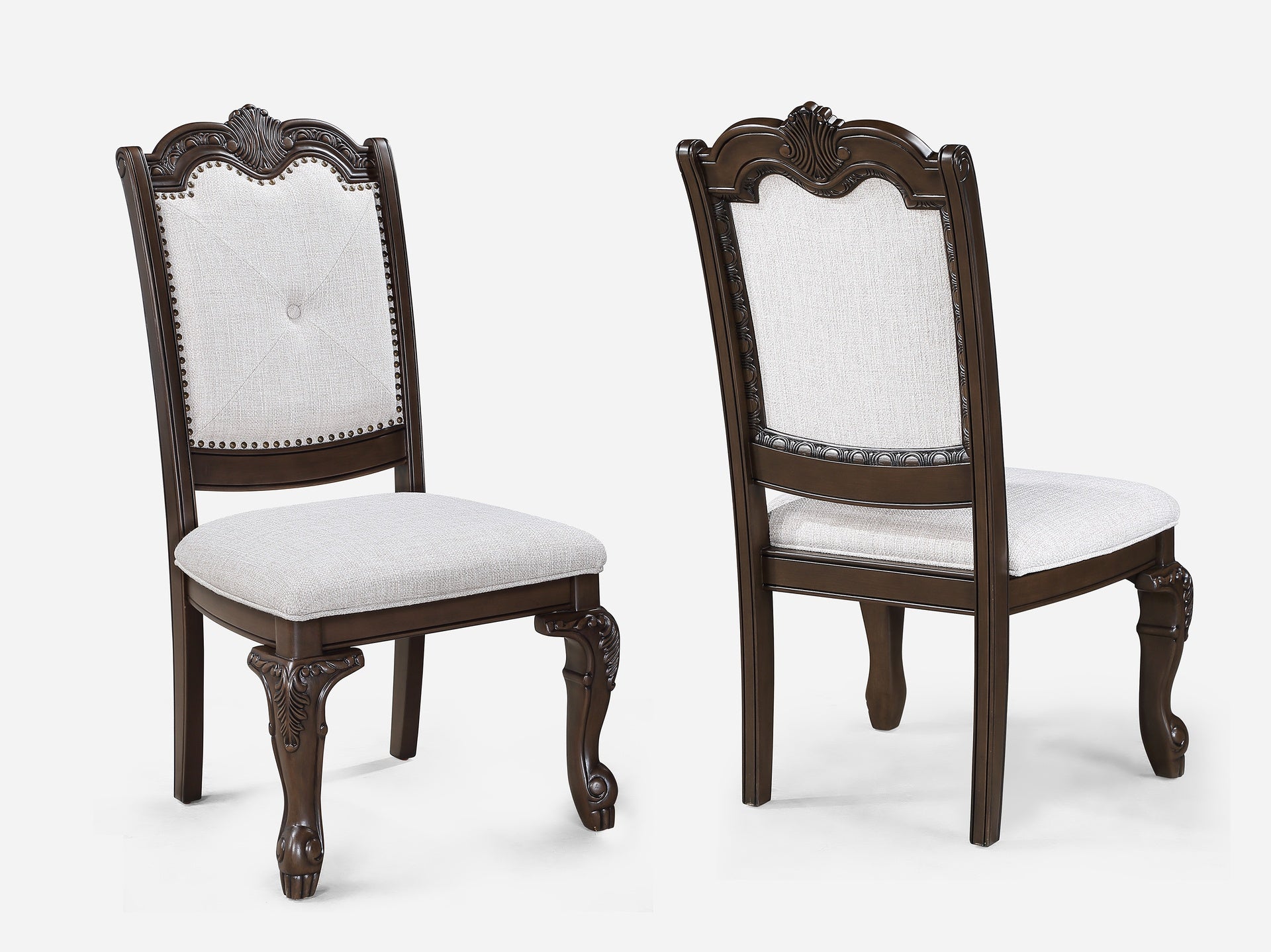 2pc Chairs Beautifully Detailed Frames Luxurious Upholstery Coffee Brown Solid Wood Dining Furniture