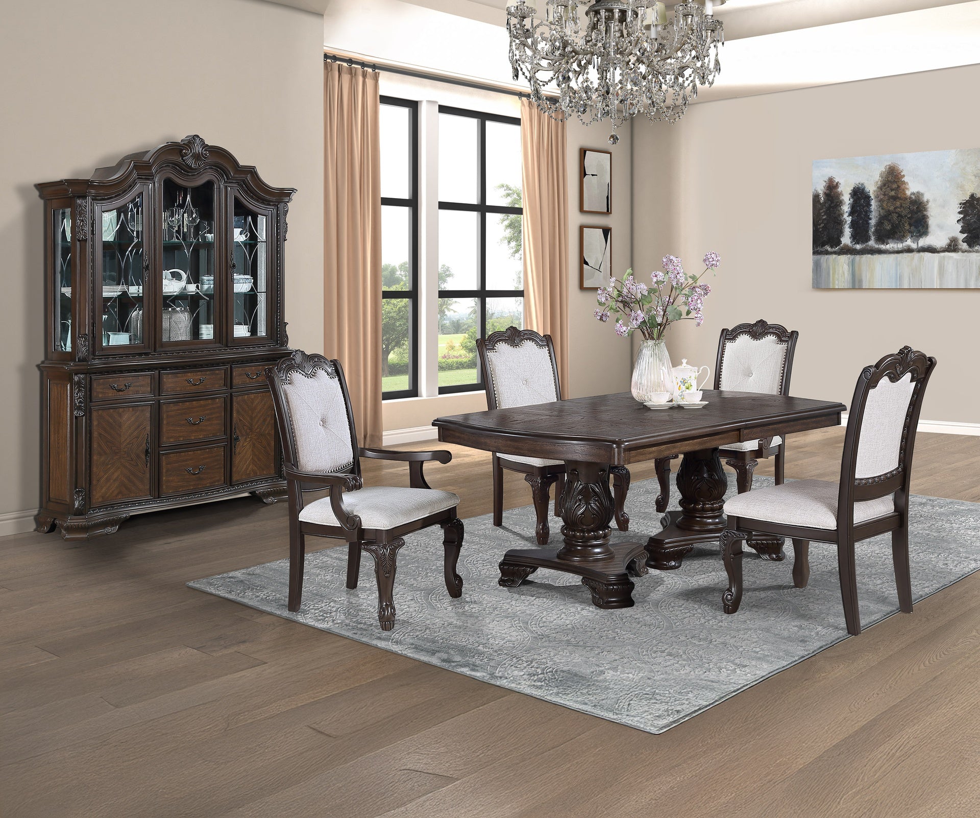 2pc Chairs Beautifully Detailed Frames Luxurious Upholstery Coffee Brown Solid Wood Dining Furniture