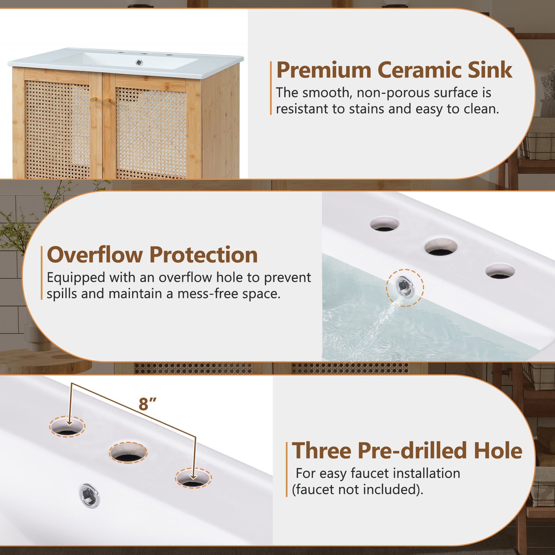 30-inch bathroom vanity crafted from natural materials, featuring handmade rattan doors and soft-closing mechanisms