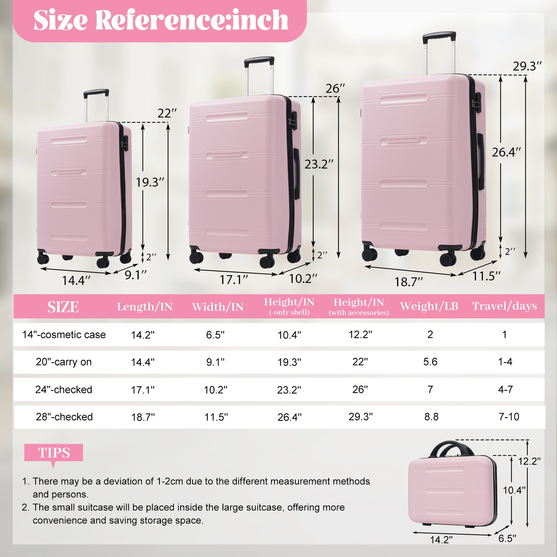 6 Piece Luggage Set,Lightweight Hardshell Suitcase with Double Spinner Wheels Handle Password Lock,14 IN Cosmetic Case 20/24/28 IN Luggages with Duffel Bag and Toiletry Bag