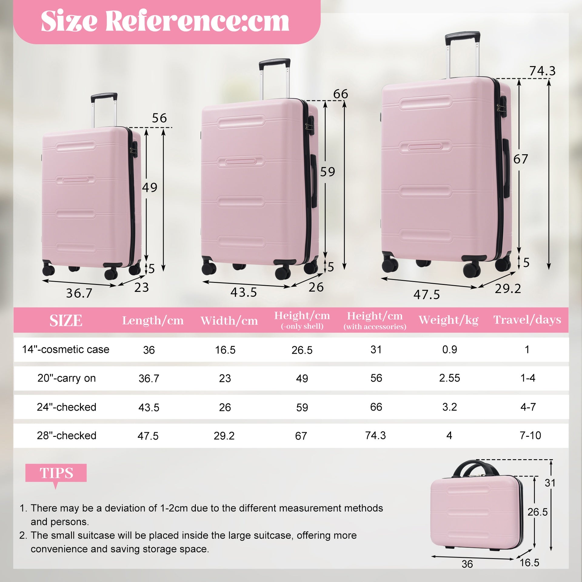 6 Piece Luggage Set,Lightweight Hardshell Suitcase with Double Spinner Wheels Handle Password Lock,14 IN Cosmetic Case 20/24/28 IN Luggages with Duffel Bag and Toiletry Bag