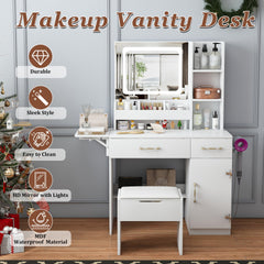 Vanity Desk with LED Mirror Lights and Power Outlet Charging Station, Makeup Dressing Table with 3 Drawers, 7 Shelves and Storage Stool, for Girls and Women (White)