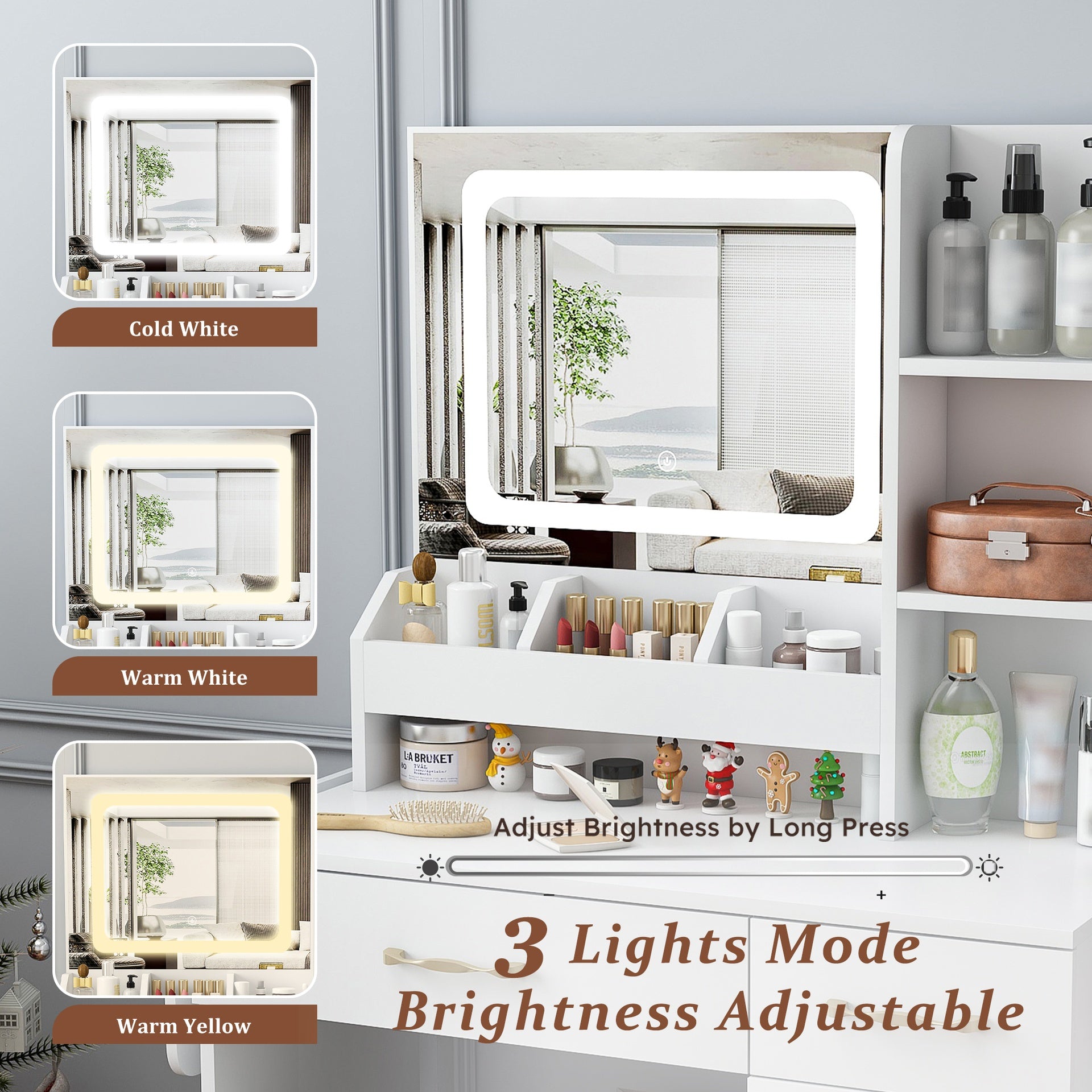 Vanity Desk with LED Mirror Lights and Power Outlet Charging Station, Makeup Dressing Table with 3 Drawers, 7 Shelves and Storage Stool, for Girls and Women (White)