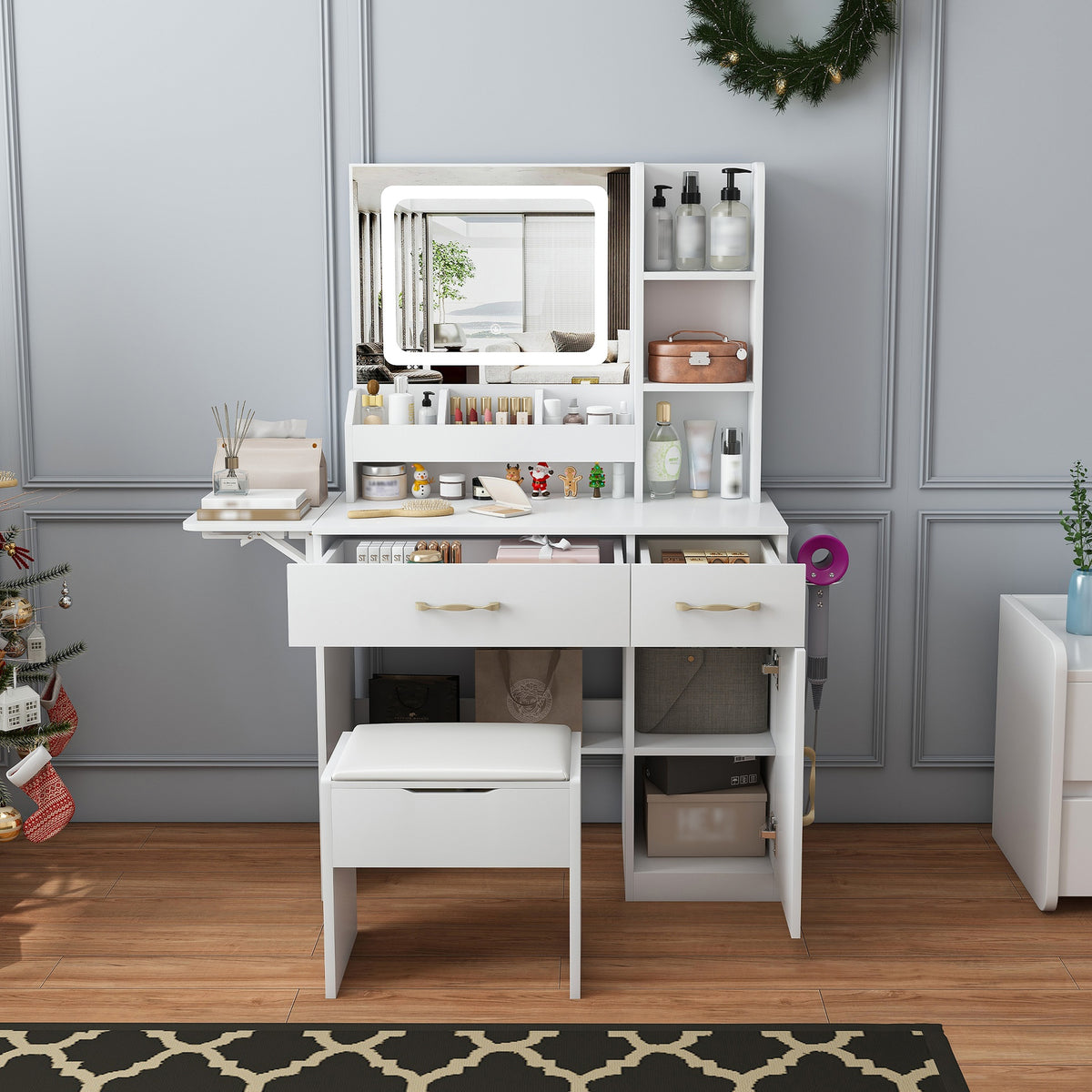 Vanity Desk with LED Mirror Lights and Power Outlet Charging Station, Makeup Dressing Table with 3 Drawers, 7 Shelves and Storage Stool, for Girls and Women (White)