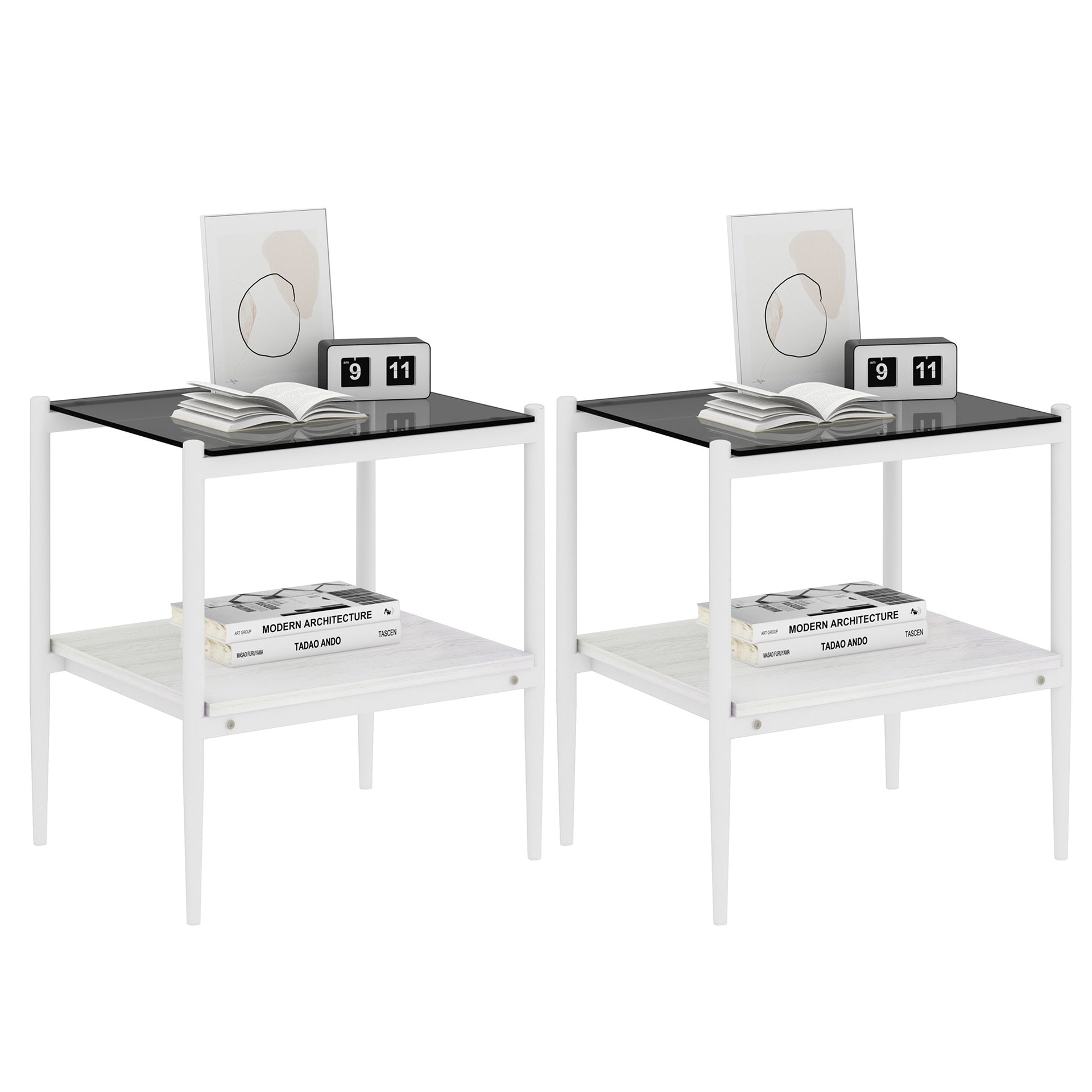 Set of 2 Rectangle End Table, Tempered Glass Tabletop with MDF layer, Modern Table for Living Room , Gray Glass
