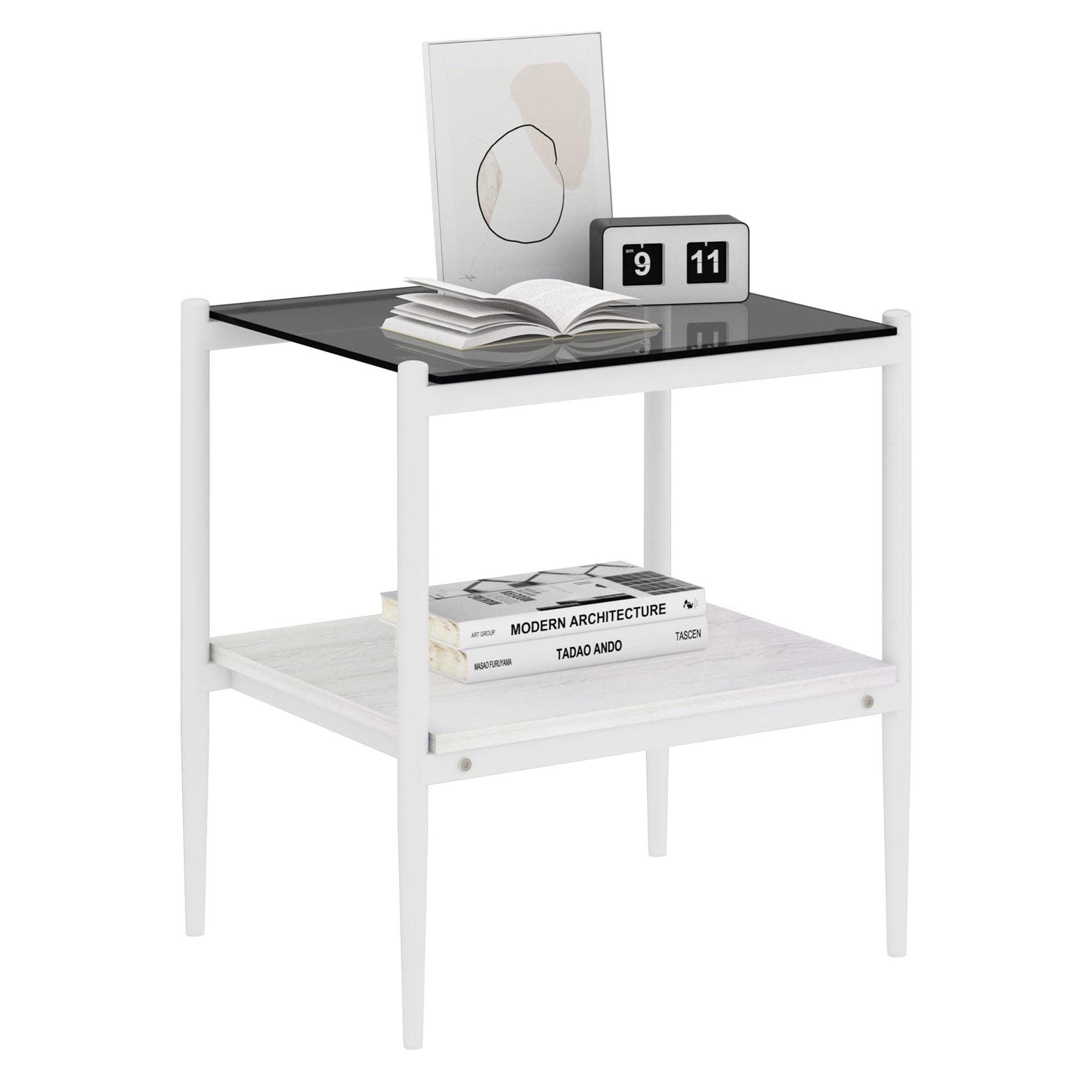 Set of 2 Rectangle End Table, Tempered Glass Tabletop with MDF layer, Modern Table for Living Room , Gray Glass