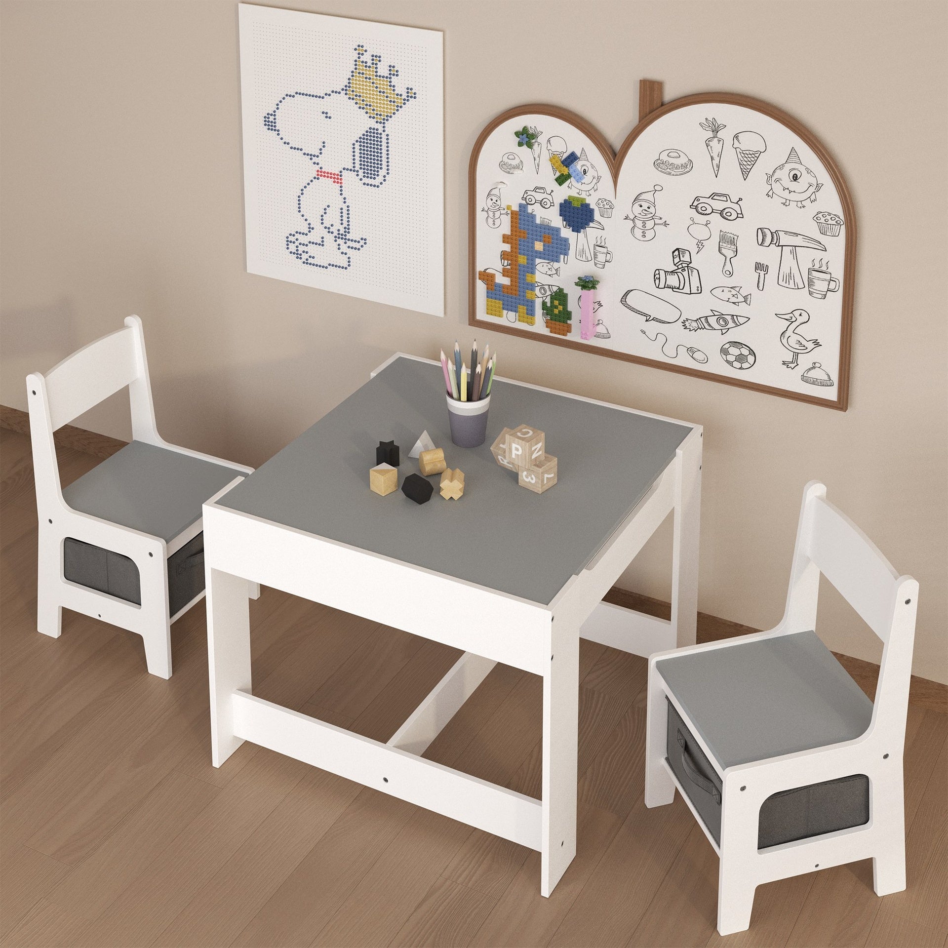 Kids Table and Chair Set, 3 in 1 Wooden Activity Table with Storage Drawer for Toddlers Drawing, Reading, Crafts, 2 in 1 Detachable Tabletop Table Set for Nursery, Playroom