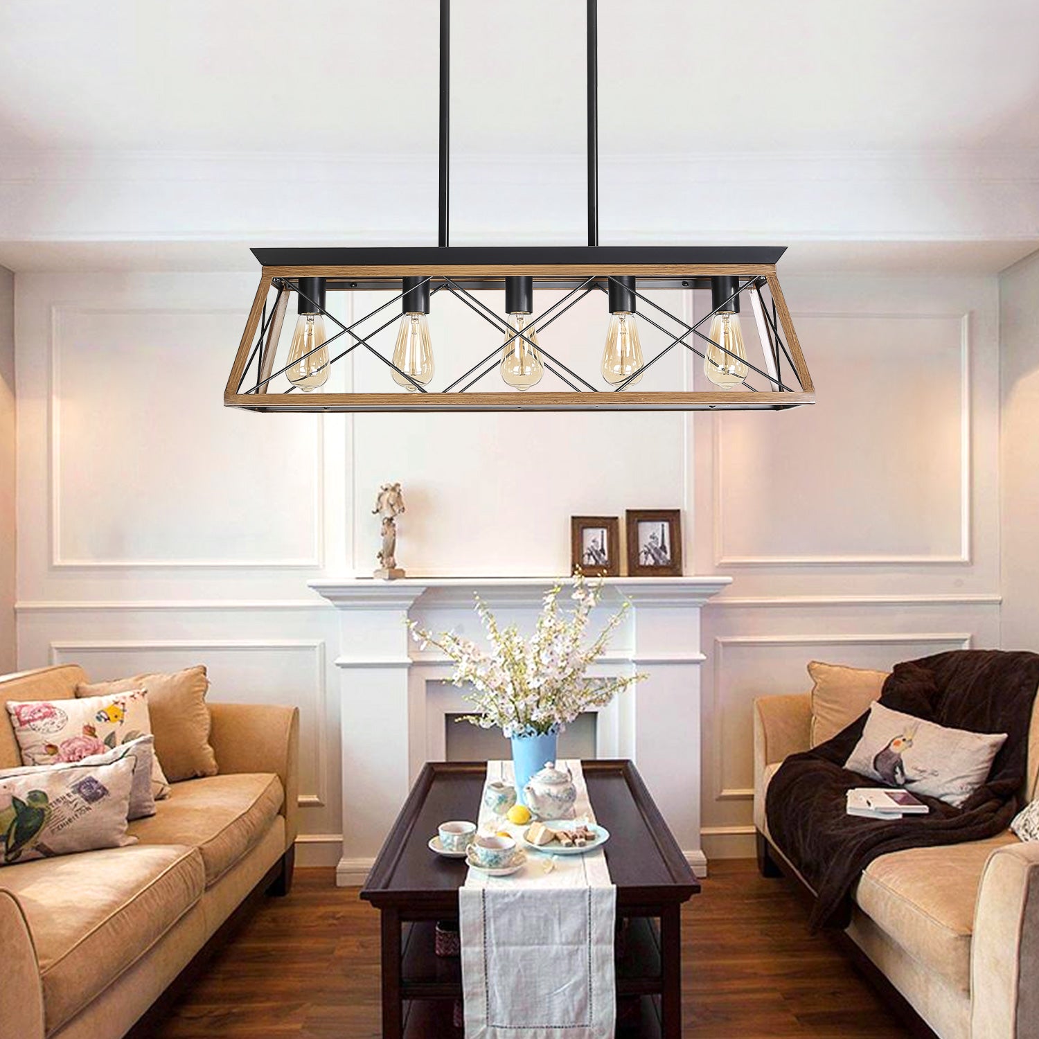 32" Walnut Industrial 5-Light Pendant Chandelier, Modern Metal Cage Design, Adjustable Hanging Light for Dining Room, Kitchen, Living Room (No Bulbs)