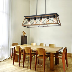 32" Walnut Industrial 5-Light Pendant Chandelier, Modern Metal Cage Design, Adjustable Hanging Light for Dining Room, Kitchen, Living Room (No Bulbs)