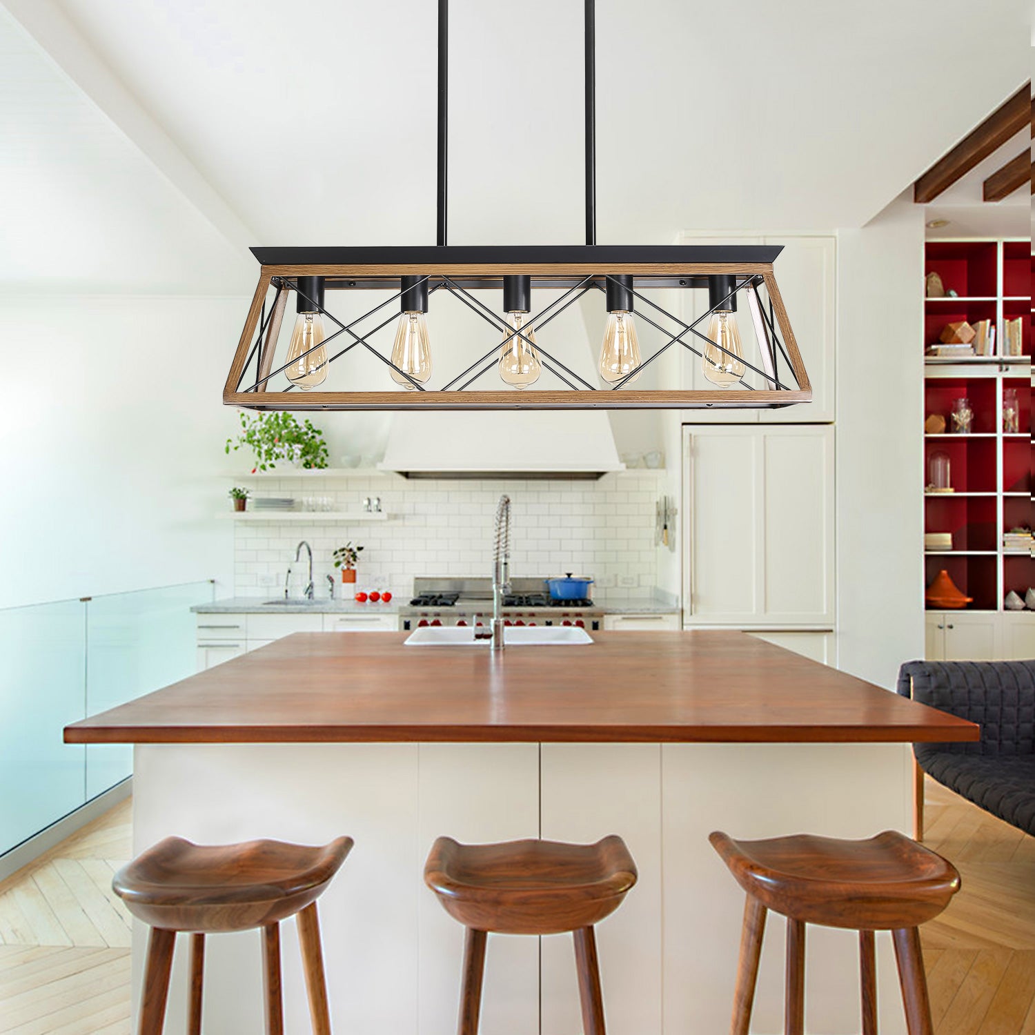 32" Walnut Industrial 5-Light Pendant Chandelier, Modern Metal Cage Design, Adjustable Hanging Light for Dining Room, Kitchen, Living Room (No Bulbs)