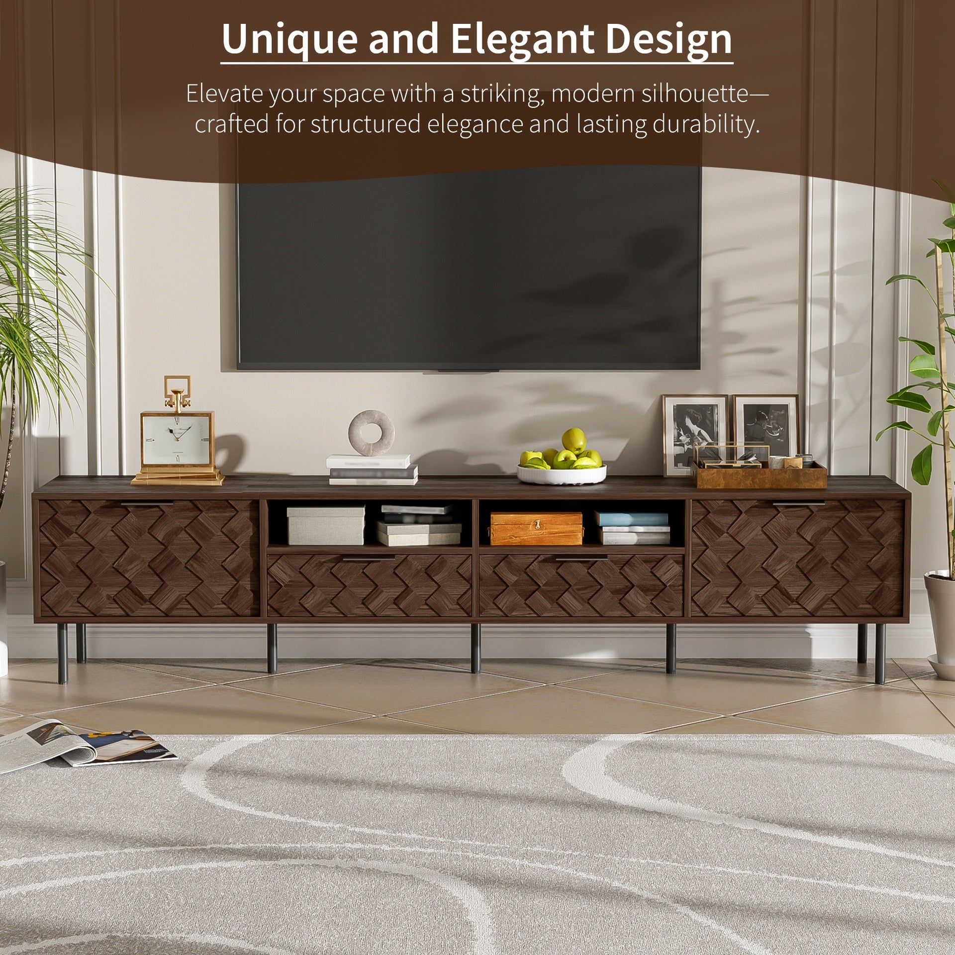 78 inch Modern TV Stand for TVs up to 85", Entertainment Center with Closed Storage & Cable Management, Soft-Closing Hinges, Iron Legs for Living Room