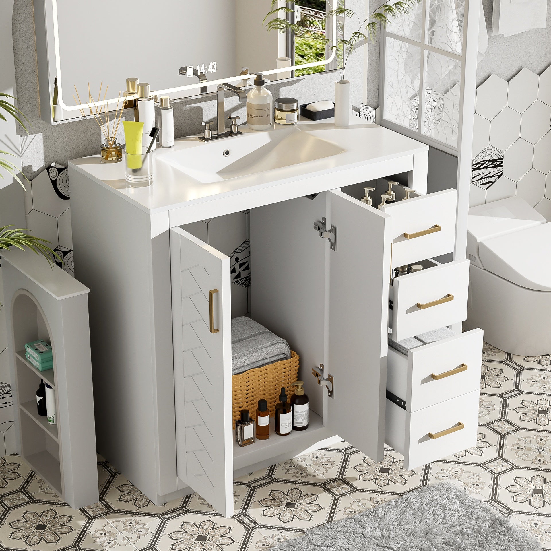 36'' Bathroom Vanity with Ceramic Sink Combo, Solid Wood Frame Bathroom Storage Cabinet, Freestanding Vanity Set with 3 Drawers& Soft Closing Doors
