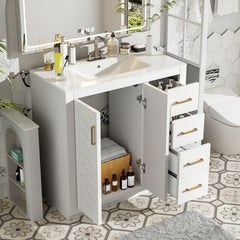 36'' Bathroom Vanity with Ceramic Sink Combo, Solid Wood Frame Bathroom Storage Cabinet, Freestanding Vanity Set with 3 Drawers& Soft Closing Doors