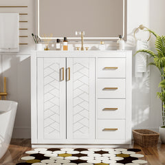 36'' Bathroom Vanity with Ceramic Sink Combo, Solid Wood Frame Bathroom Storage Cabinet, Freestanding Vanity Set with 3 Drawers& Soft Closing Doors