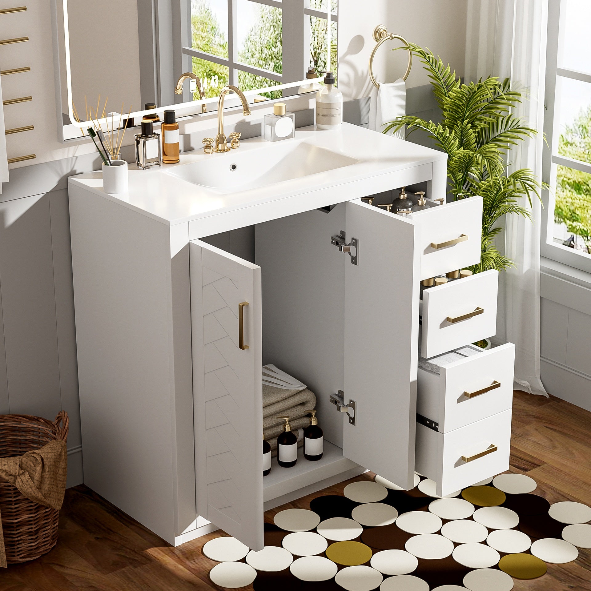 36'' Bathroom Vanity with Ceramic Sink Combo, Solid Wood Frame Bathroom Storage Cabinet, Freestanding Vanity Set with 3 Drawers& Soft Closing Doors
