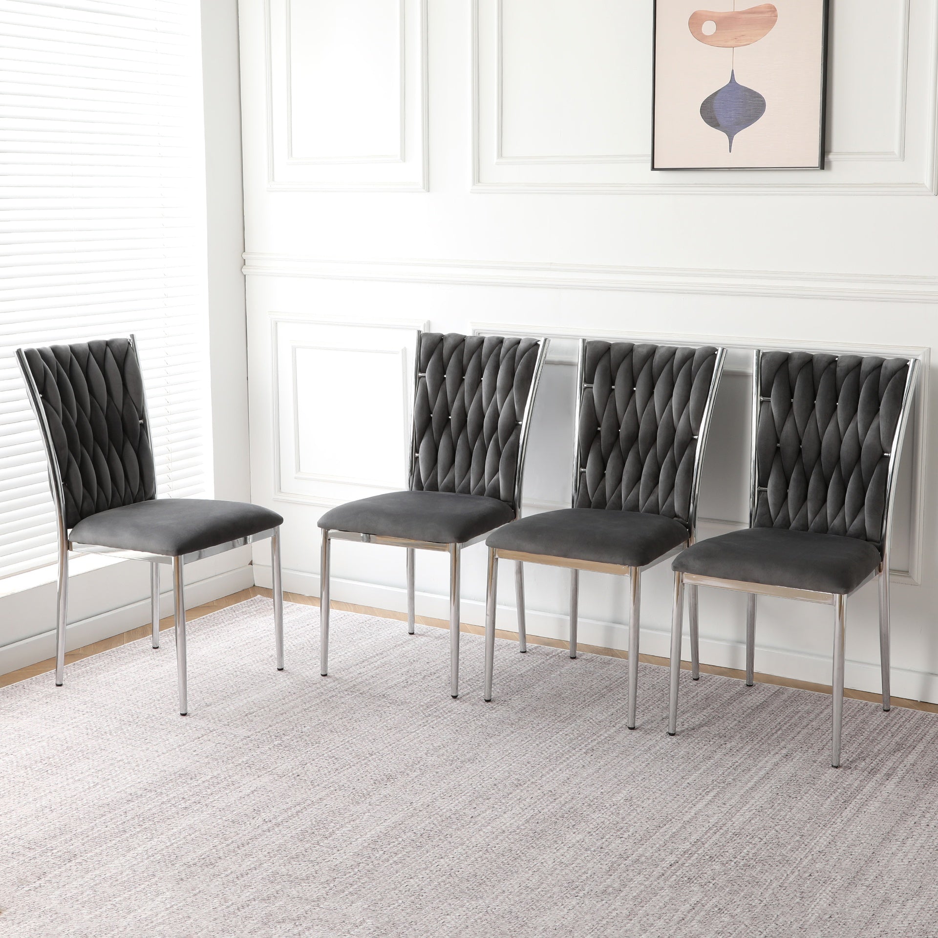 Modern simple Dark gray velvet dining chair, family bedroom stool back student table chair, Electroplated metal chair legs, suitable for dining room kitchen bedroom (set of 4)