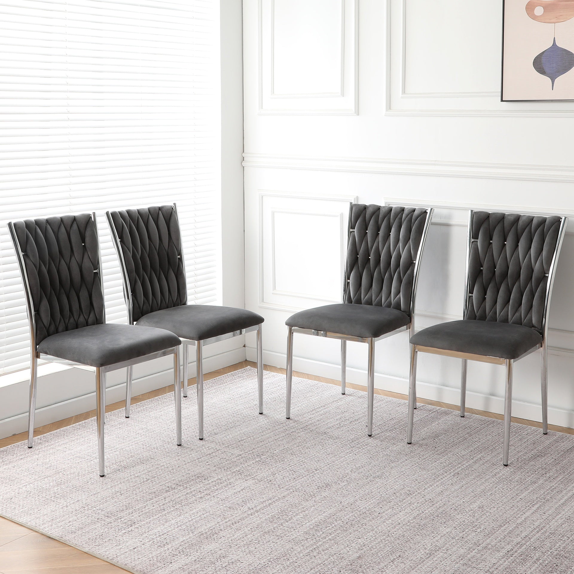 Modern simple Dark gray velvet dining chair, family bedroom stool back student table chair, Electroplated metal chair legs, suitable for dining room kitchen bedroom (set of 4)