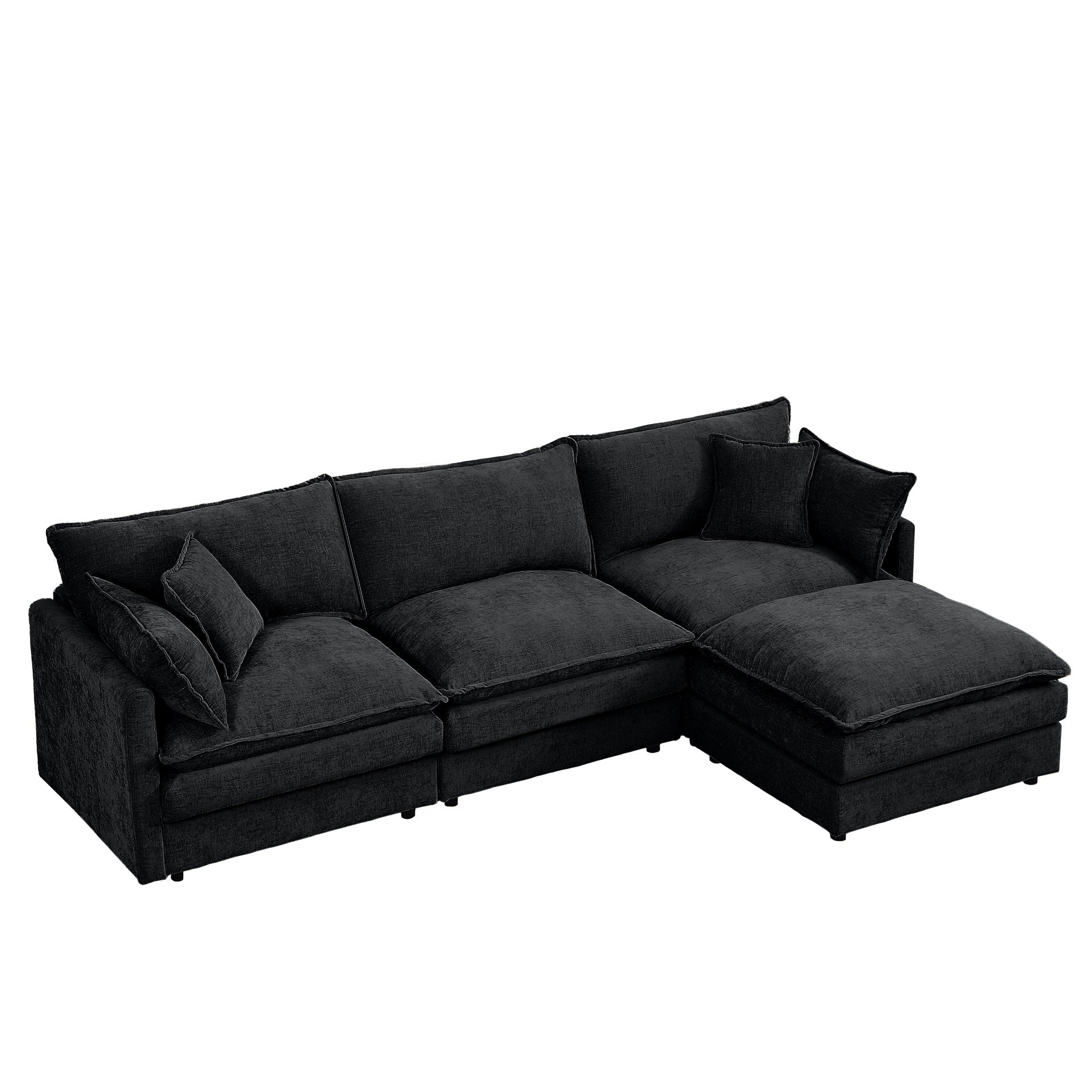 Modular Sectional Sofa, 102 Inch L Shaped Couch Set for Living Room, 3-Seater Comfy Cloud Couches with Movable Ottoman, DIY Combination, Chenille, Black