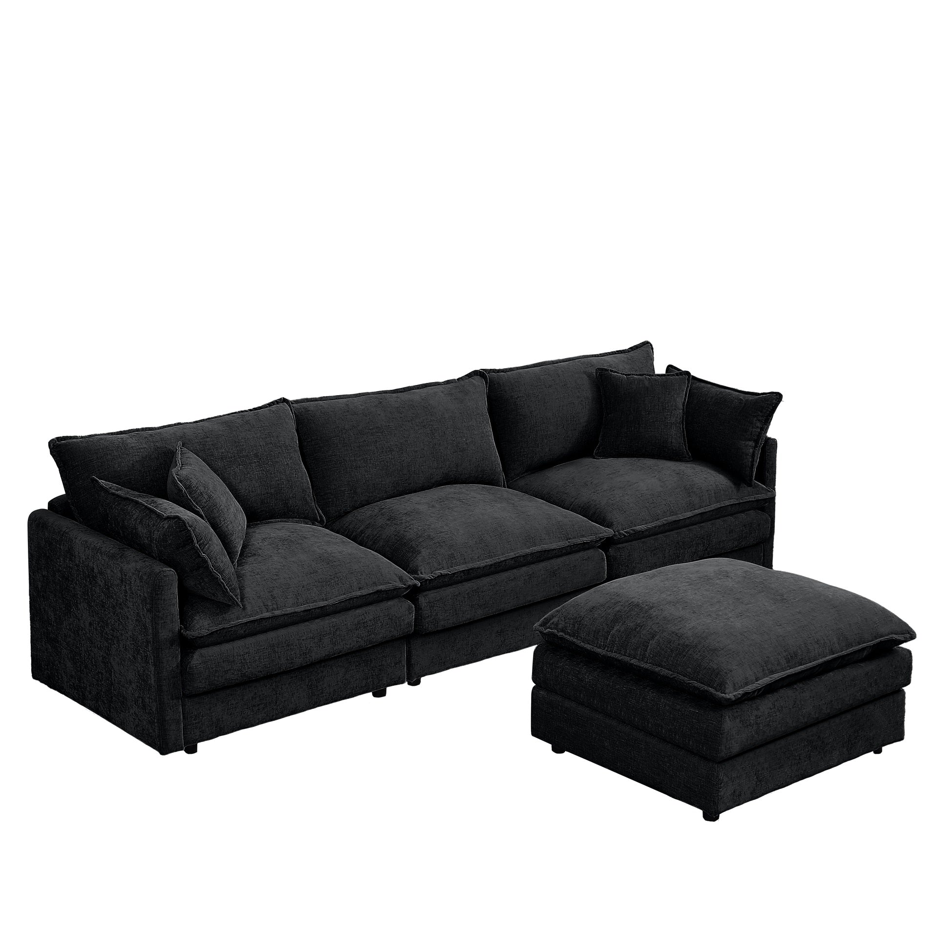 Modular Sectional Sofa, 102 Inch L Shaped Couch Set for Living Room, 3-Seater Comfy Cloud Couches with Movable Ottoman, DIY Combination, Chenille, Black