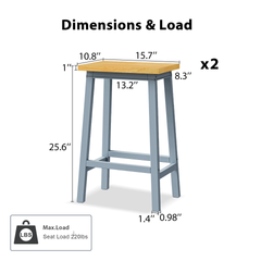 K&K Solid Wood Bar Stools (Not Cheap Iron), 25.6" Tall Set of 2 Bar Chairs, Kitchen Counter Stools with Footrests, Farmhouse Stools for Dining Room, Kitchen, Counter, Grey Blue