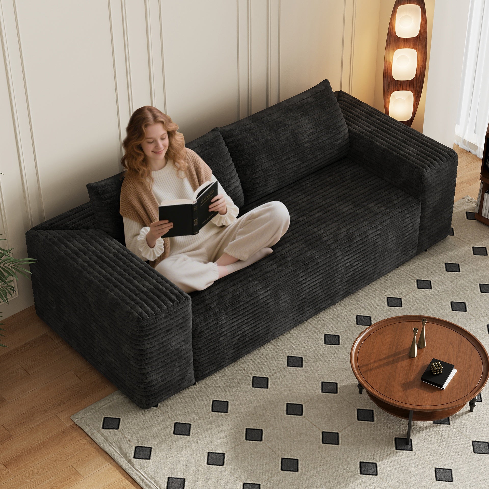 78.8" 3Setaser Sofa,Corduroy Fabric,Deep Seat Couches,Comfy Loveseat Sofa,No Assembly,1pcs for Living room, Bedroom,Conference room ,Apartment,Black