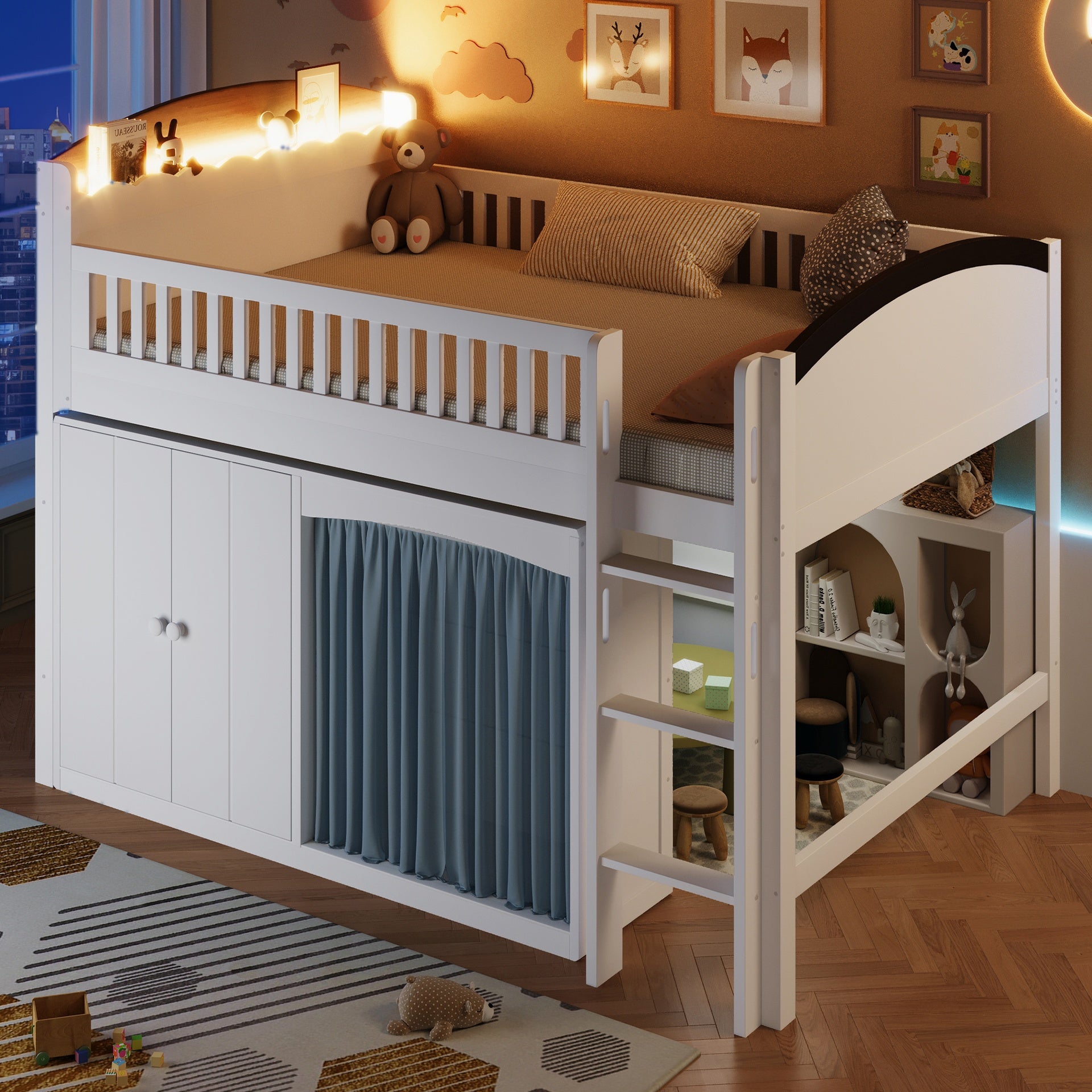 Twin Size Loft Bed with Storage Cabinet, Wardrobe and LED, White and Espresso