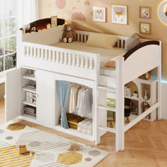 Twin Size Loft Bed with Storage Cabinet, Wardrobe and LED, White and Espresso