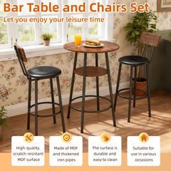 3 Pieces Round Bar Table and Chairs Set, Small Dining Table for 2 with 2-Tier Storage & 2 PU Upholstered Bar Stools for Kitchen, Dining Room, Living Room, Bar, Cafe, Small Space Corner, Rustic Brown