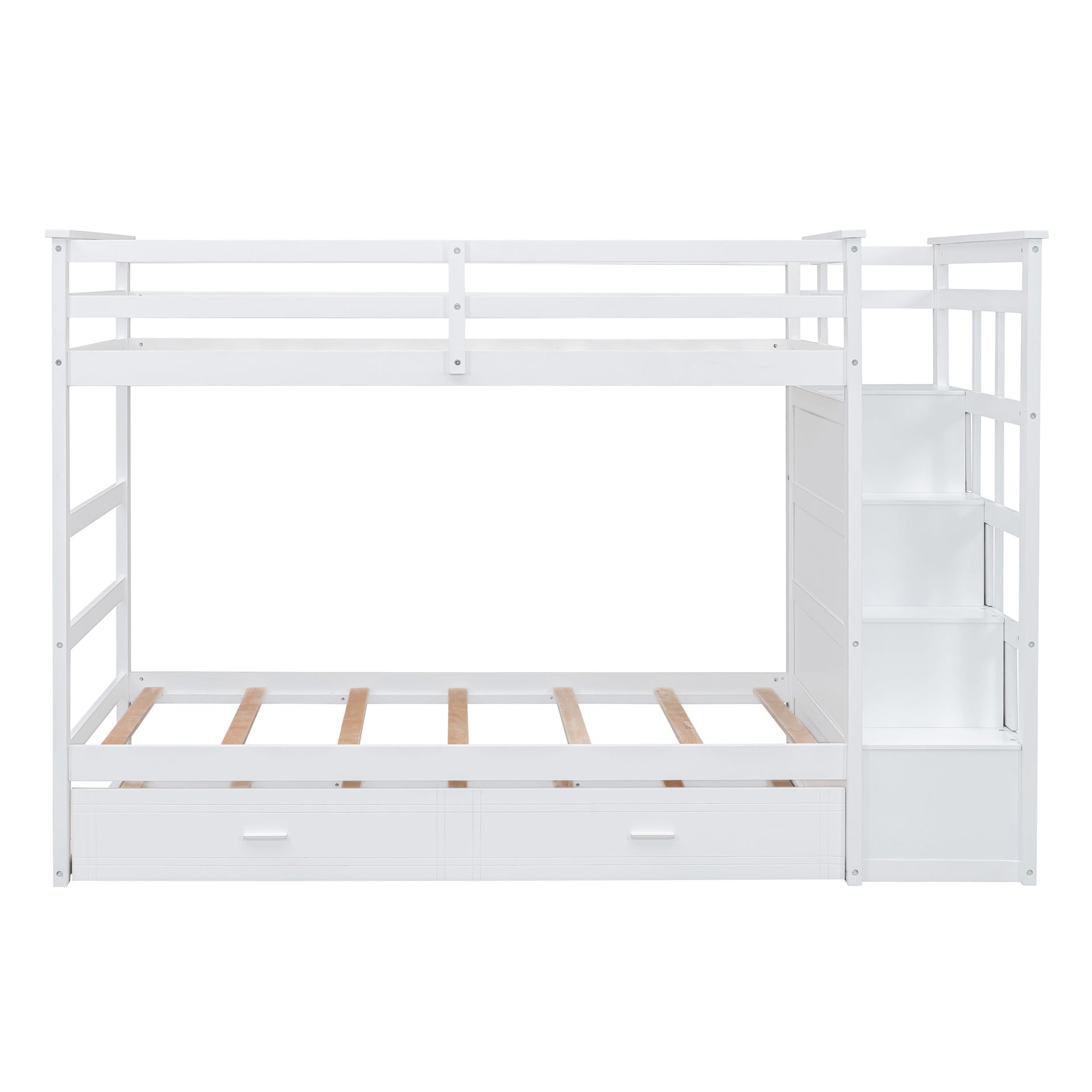 Twin Over Twin Bunk Bed with Trundle and Staircase,White