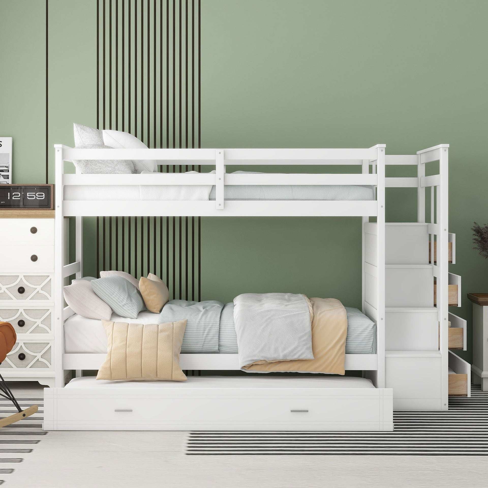 Twin Over Twin Bunk Bed with Trundle and Staircase,White