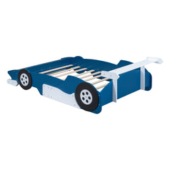 Full Size Race Car-Shaped Platform Bed with Wheels,Blue