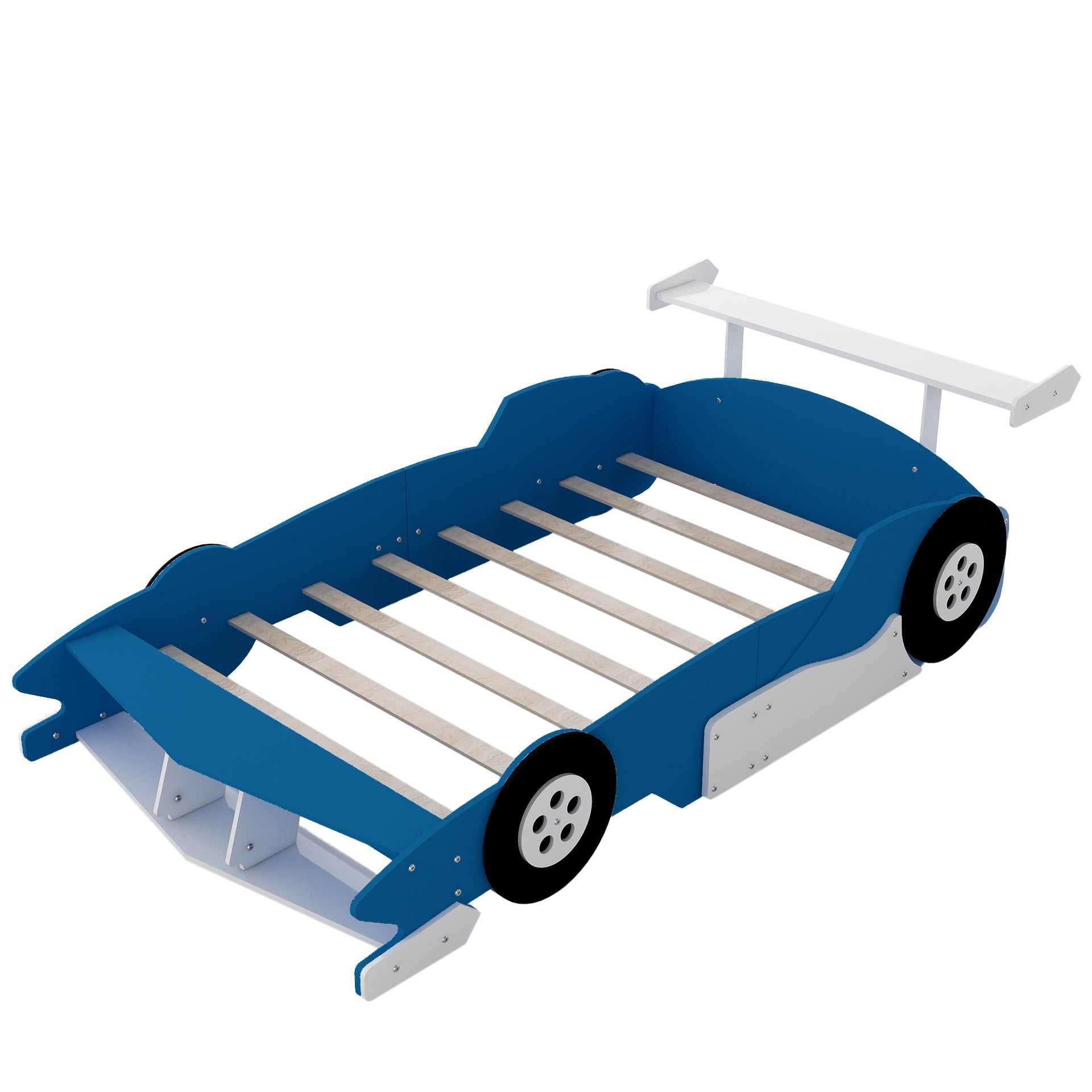 Full Size Race Car-Shaped Platform Bed with Wheels,Blue