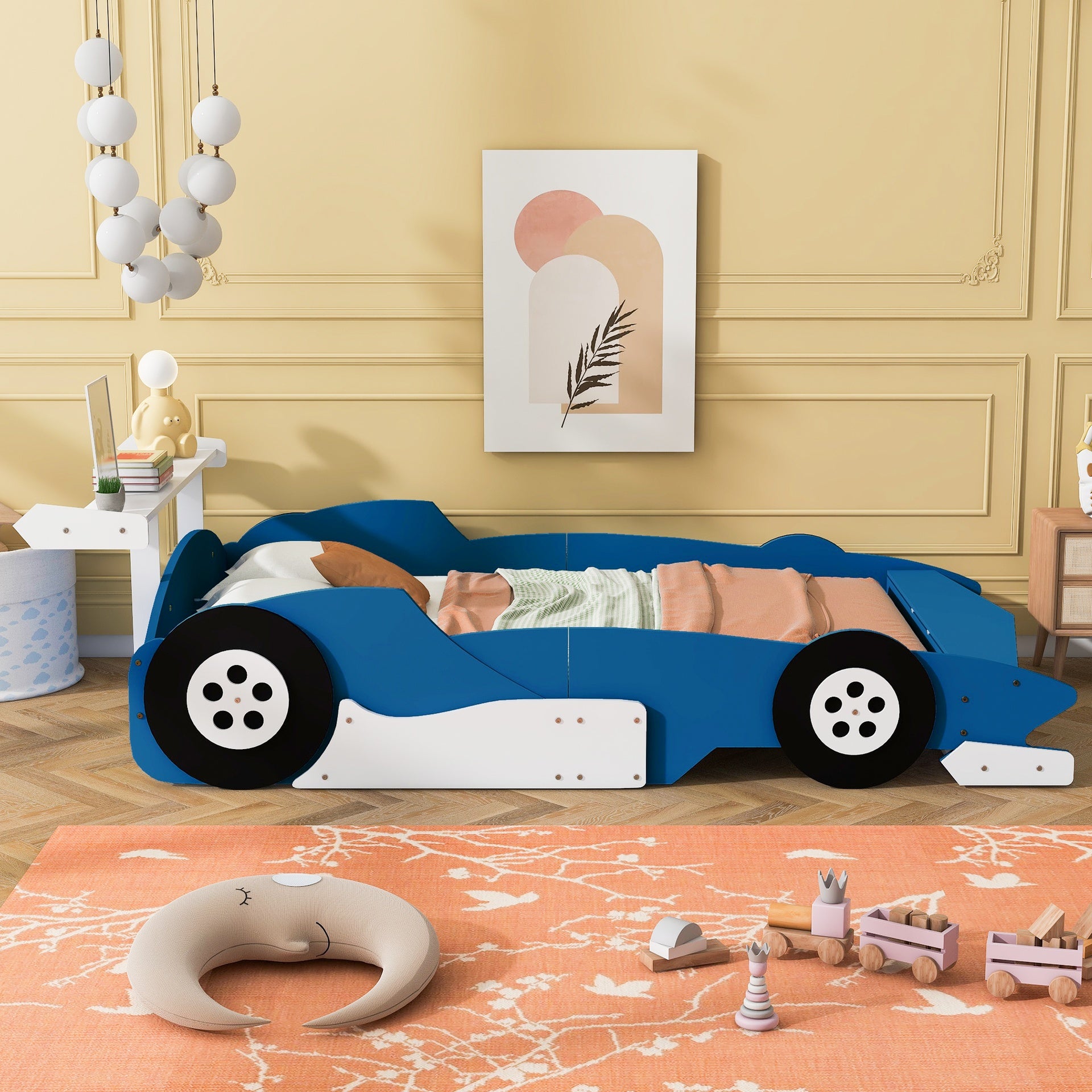 Full Size Race Car-Shaped Platform Bed with Wheels,Blue